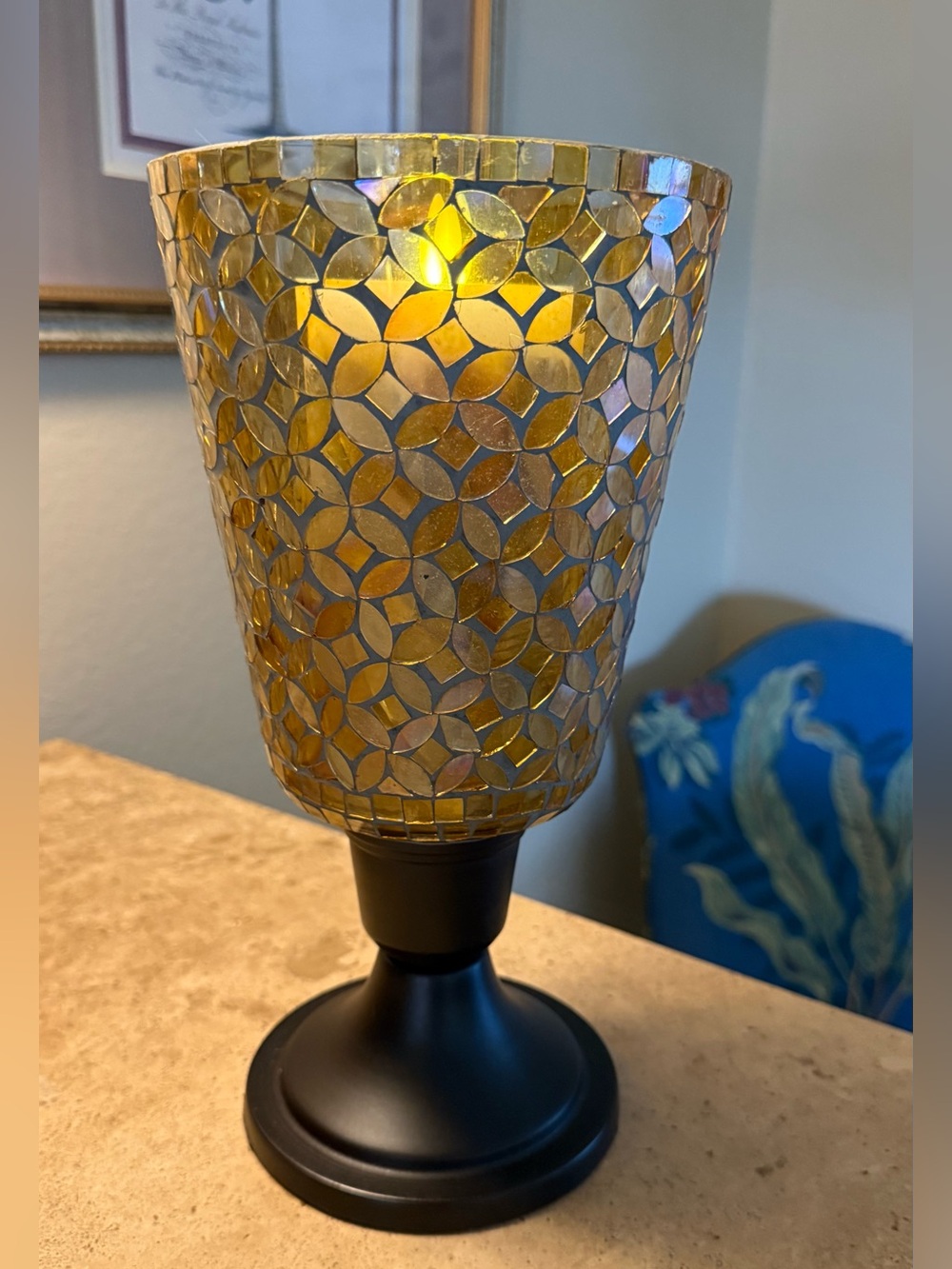 Amber Gold Mosaic Glass Hurricane Candle Holder with Bronze Pedestal Base